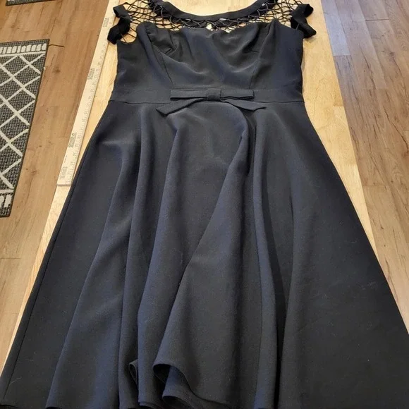 Black Fit & Flare Dress Mesh Shoulder Bow Detail - Picture 6 of 10